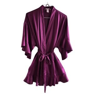 Victoria's Secret Plum Satin Short Kimono Robe Ruffle Hem Size Medium